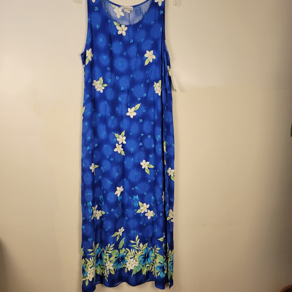 Vintage Notations Blue Floral Tropical Hibiscus Maxi Dress Womens Large